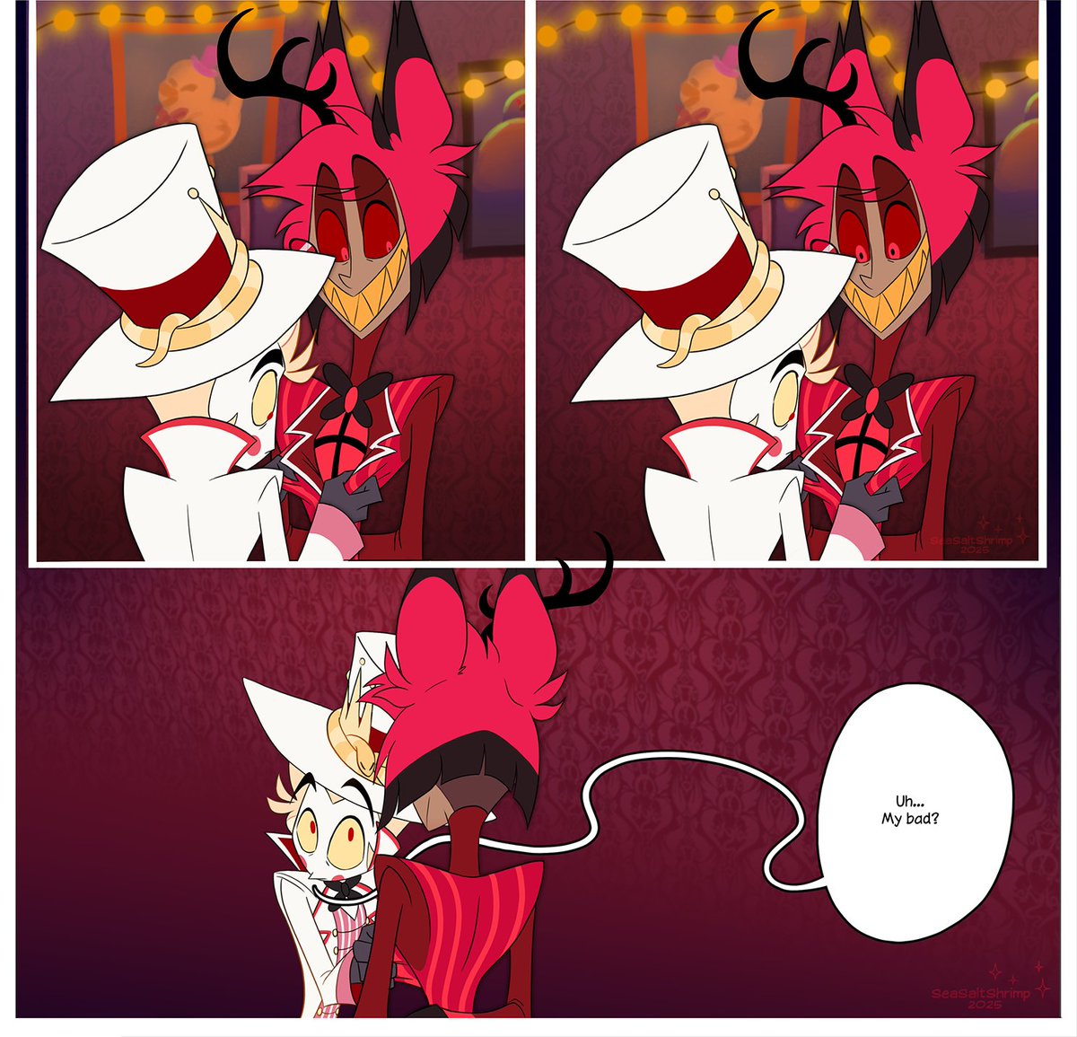 You're indulging me, N. So here is another doodle request that became a comic 😌
Of course "inopportune time" is a man dressed in white

#HazbinHotel #HazbinHotelAlastor #HazbinHotelLucifer