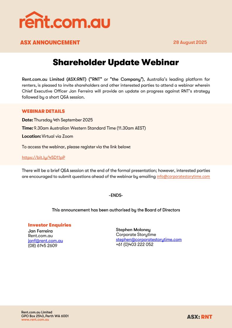 Shareholder Update Webinar Invitation - 4th Sept 2025 $RNT - bit.ly/45FxagD