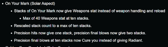 this is a nerf. going from 45 reload and handling and .85 reload animation multi and then radiant on kill, to 40 weapons (which is nothing basically) and then cure on kill. <a href="/Destiny2Team/">Destiny 2 Team</a> why? can we not do this one pls
