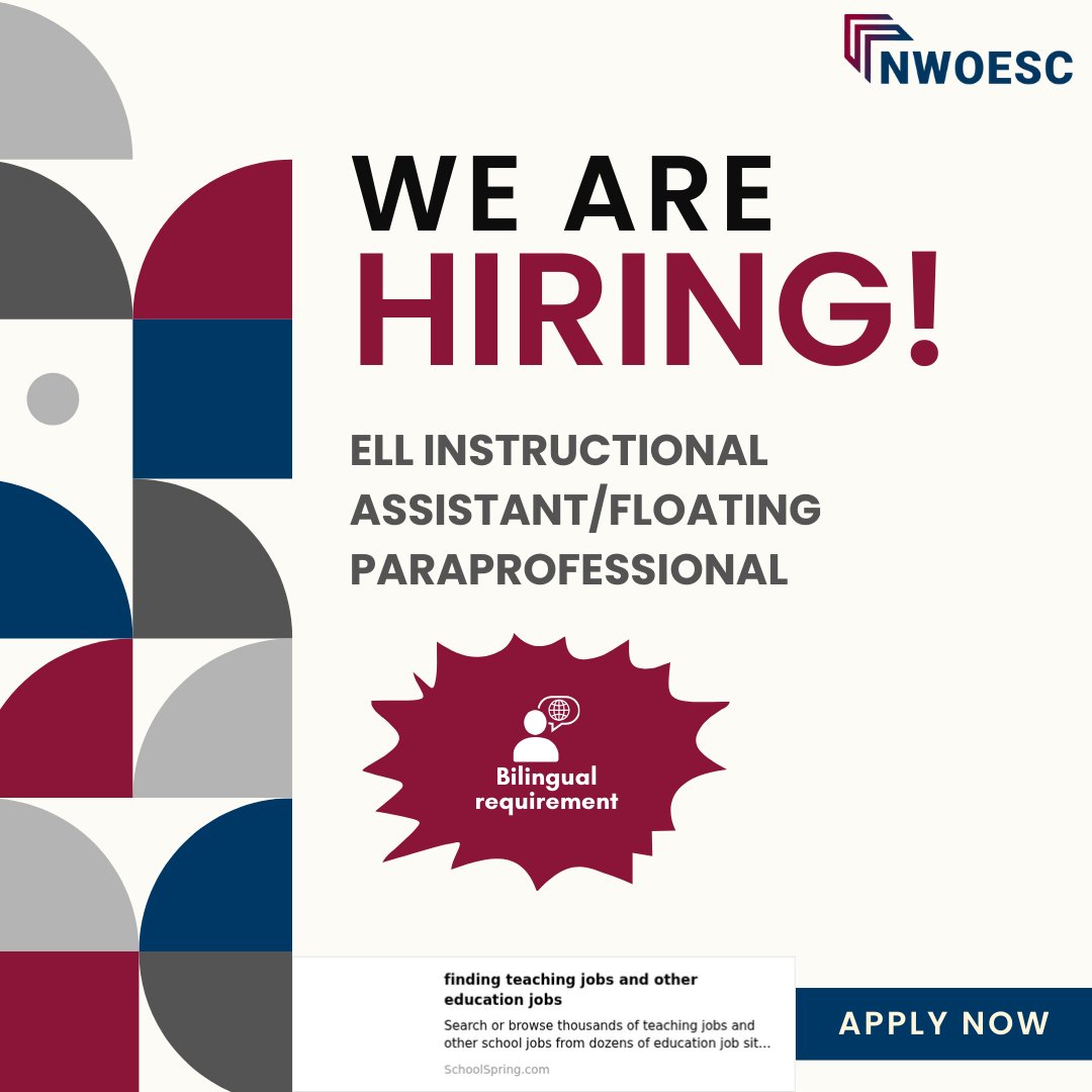 Join the NwOESC team! We are hiring an ELL Instructional Assistant/Floating Paraprofessional to serve students in multiple school districts. This position requires bilingual fluency. Learn more about this exciting opportunity here ⤵️⤵️
nwoesc.schoolspring.com