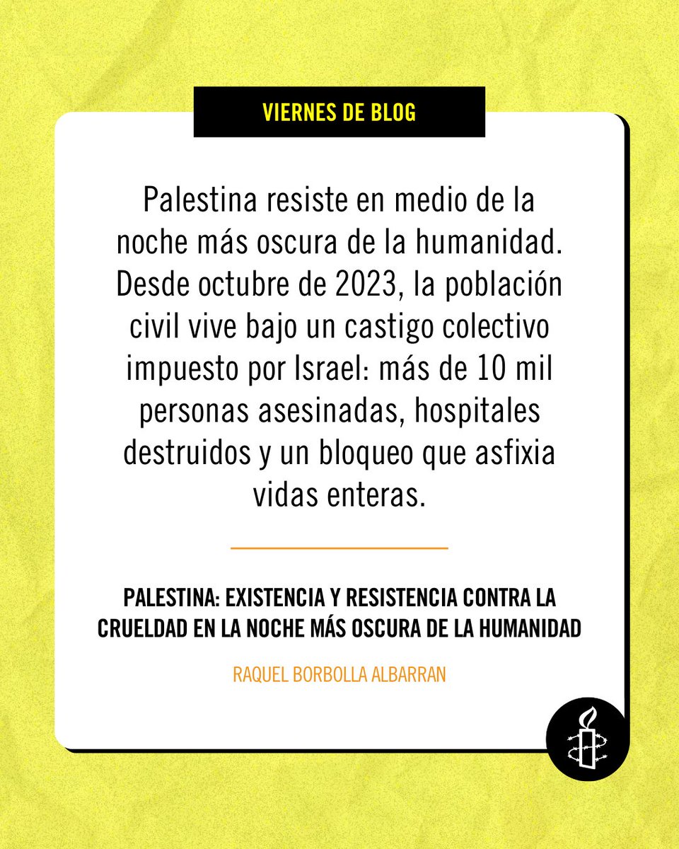 amnistiamexico's tweet photo. 🚨 #Palestina resiste en medio de la noche más oscura de la humanidad. Más de 10 mil víctimas mortales, hospitales destruidos y un bloqueo que asfixia vidas enteras. Lee el análisis completo este #ViernesDeBlog ✊🇵🇸
🔗 https://t.co/vSiHLpniq1
✍ @borbolla_raquel https://t.co/gJ1KkCAQJg