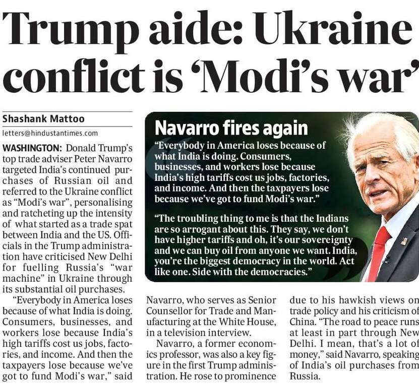 KaliKamlesh's tweet image. 🇺🇸 Trump aide calls Ukraine conflict “Modi’s war”—a sharp escalation in US-India trade tensions. 🛢️ At issue: India’s Russian oil buys, high tariffs, and global fallout. Diplomacy now wears the face of blame. #ModisWar #TradeTensions #USIndia #UkraineCrisis #Geopolitics @gork