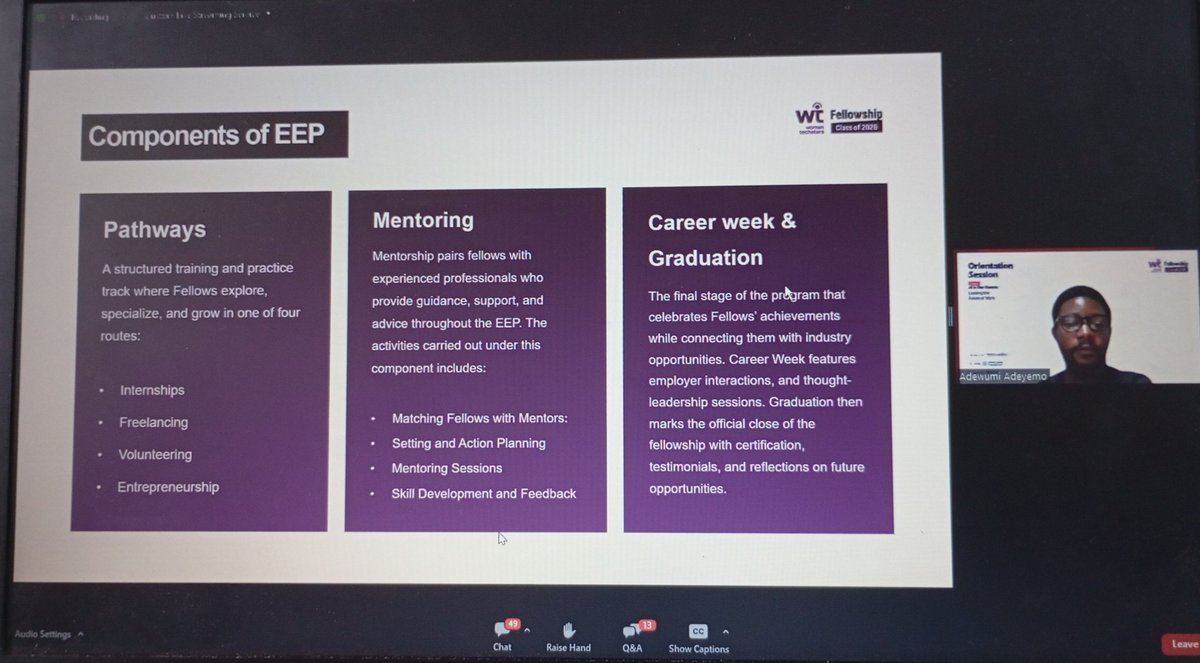 wildfl0w6r's tweet image. Day 9 of the WTF orientation.

The focus was on Tech Career Pathways and the Economic Empowerment Phase. Adewumi Adeyemo walked us through how the fellowship is designed to equip us not just with technical skills but also with the tools to build a career N create economic impact