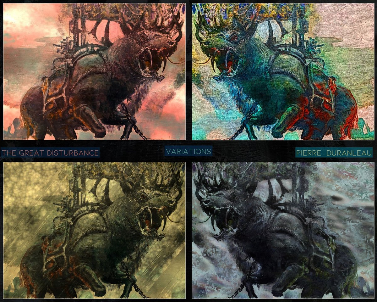 PDcafargo's tweet image. Variations on a theme (part 3) taken from the Great Disturbance painting. Scanned original work modified with @filterforge filters and other 2d tools.  cafargo.com 
#filterforge #thelongemergency #liminalspace #falseflag #postindustrial #posthumanity #art #2d…