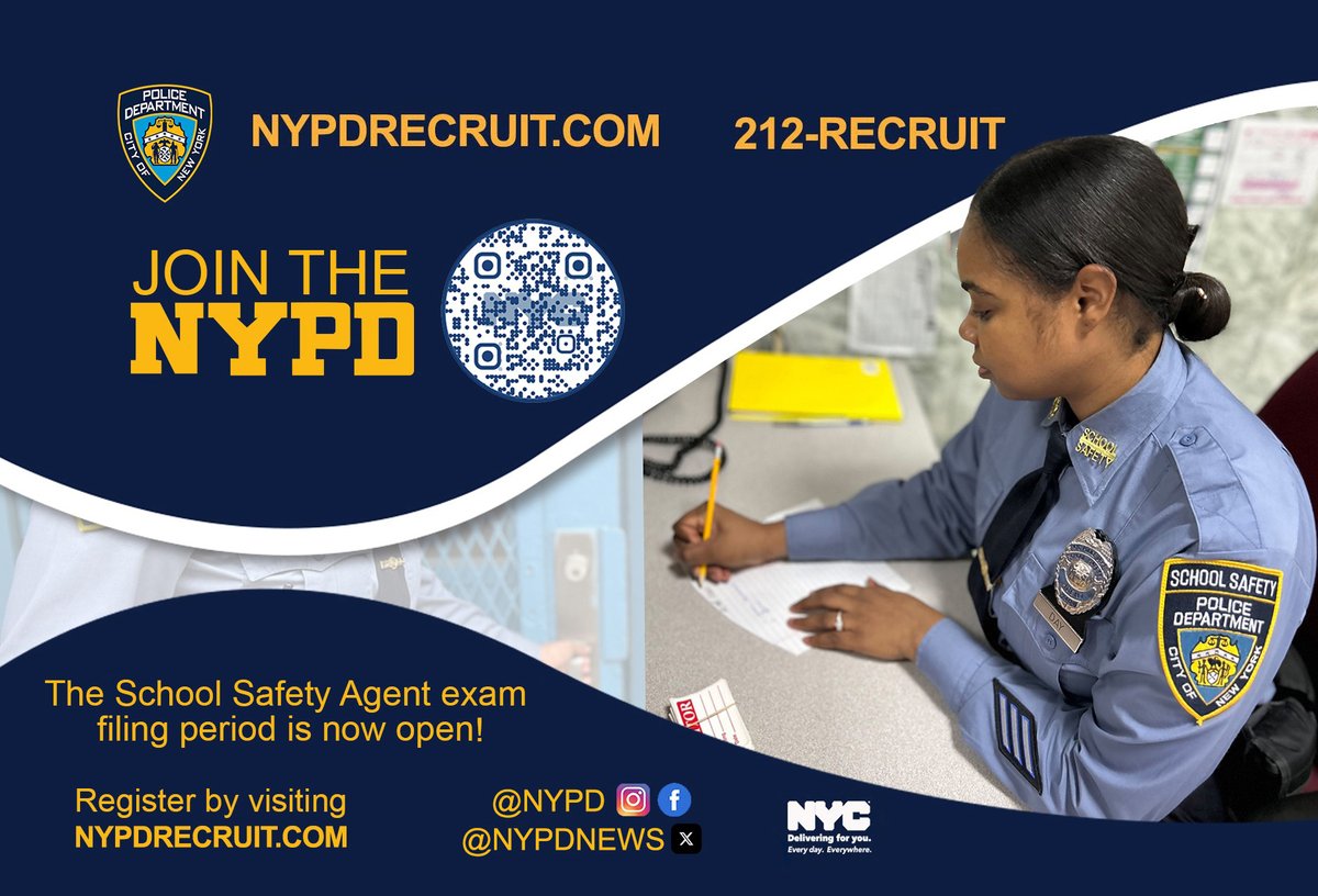 NYPD109Pct's tweet image. If you are 21 or older, consider applying to become a School Safety Agent.

Make a difference in your community.

Exam will be open for registration 9/3/2025-9/30/2025. Visit nyc.gov/OASYS to register for the exam during the filing period.