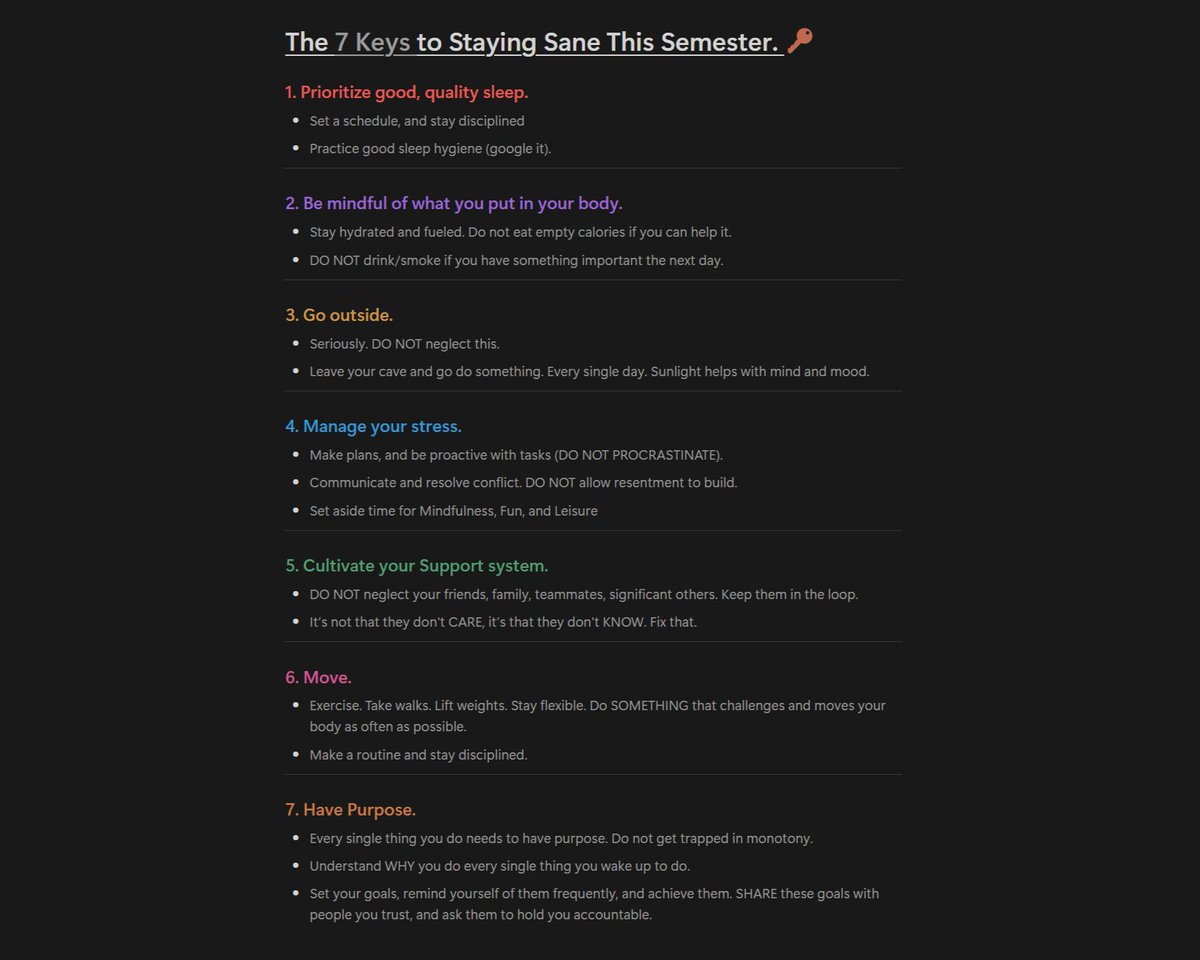 To all my fellow students and Collegiate goats: 

You will be having to balance a LOT of things this year. It will be important to establish good wellness habits in order to stay healthy and sane.  

Good luck to you all and remember the school year is a marathon, not a sprint.