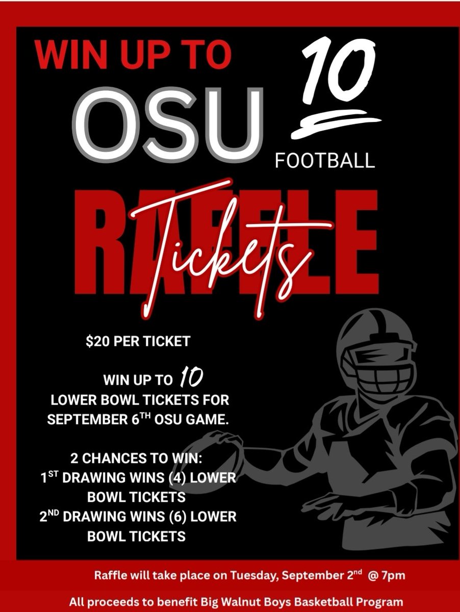 Interested in winning up to 10 tickets to an Ohio State football game this year? We're raffling off 2 winning tickets on Tuesday. $20 buys 1 ticket. Winners will win either 6 tickets or 4 tickets to the September 6th game. All proceeds go to the BW Basketball. DM if interested