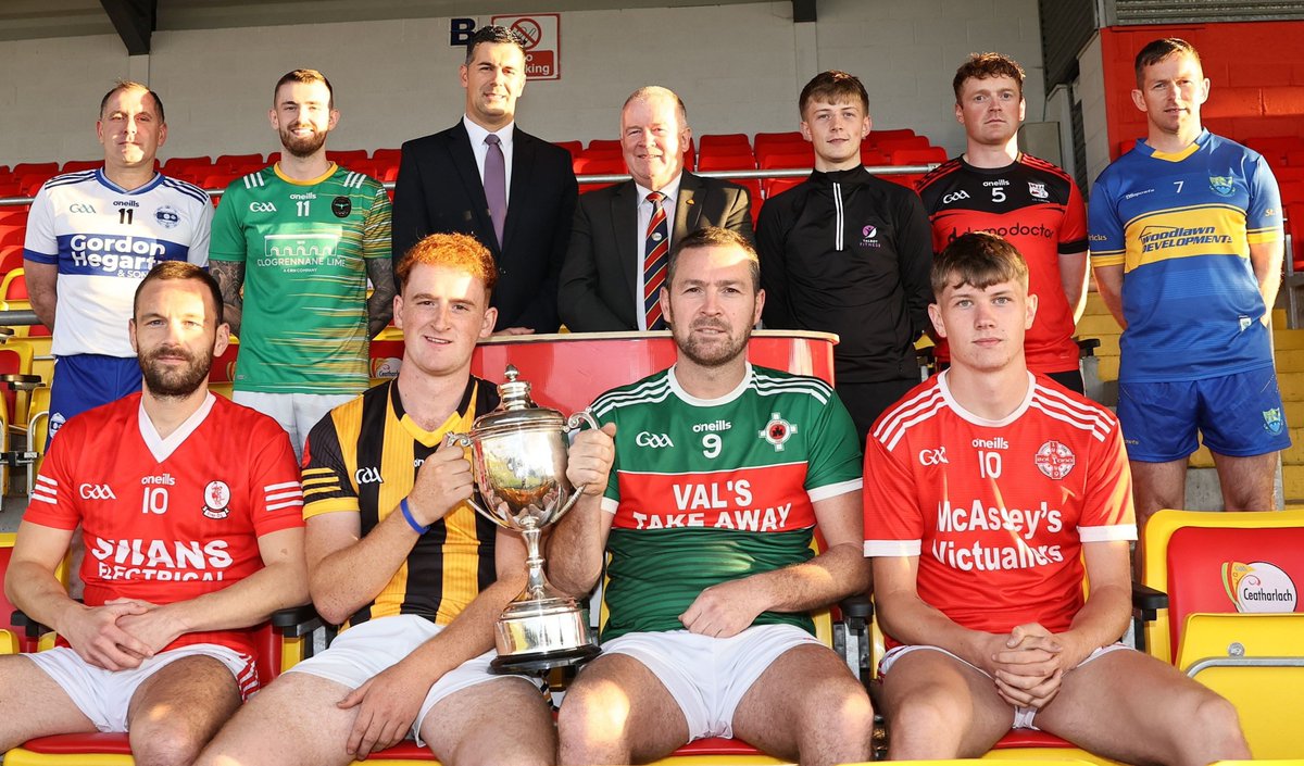 Carlow_GAA's tweet photo. 🏆At the launch of the 2025 Talbot Hotel Intermediate Football Championship   

Back (L-R): Kieran Pender (Grange), Ceilum Darcy (B'branna), Dusan Mrksic (Talbot), Jim Bolger (Chair, Carlow GAA), Cian Doran (Talbot), Liam Roberts (Kildavin/Clonegal), Padraig Murphy (St Patricks). https://t.co/4qEstuBkf9