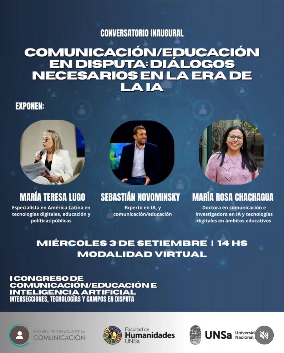 📣 Participo Conferencia inaugural del Congreso de Comunicación/Educación e IA 🧠

📌 “Diálogos necesarios en la era de la IA”
📅 3/9 – 14 hs
🌐 Virtual | Inscripción: forms.gle/BHceHDgTMQgBKf…

Con <a href="/MTeresaLugo/">Mariterelu</a> y María Rosa Chachagua
Organiza: @UNSa_Comunicacion