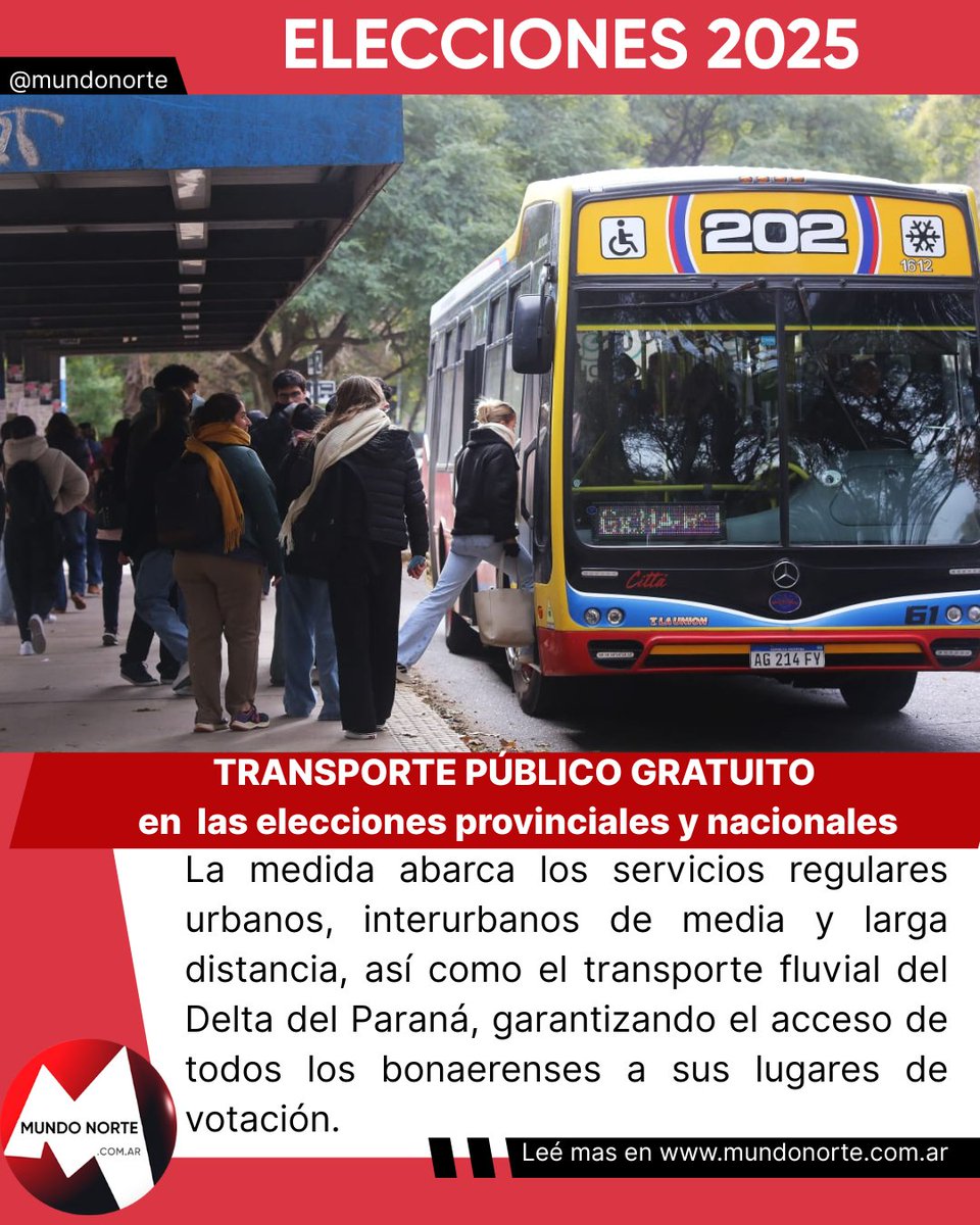 Transporte público gratuito en las elecciones provinciales y nacionales
mundonorte.com.ar/2025/08/transp…

#transporte #público #gratuito #Elecciones2025 #provincia #nación #mundonorte