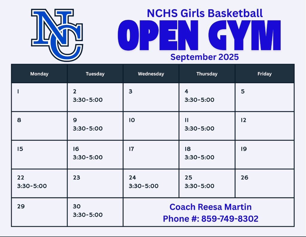 Open gym schedule for September.  Coaches reach out for information.