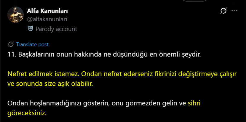 Sihir işi kolay, zaten burdaki çoğunluk ağır kadın düşmanı😆

Yalnız "karıyı sıtokolm sendromu yapiim avcuma aliim" diyebilirler, böyle tavsiyeler herkese verilmez!

Hatta kimseye verilmez, kim kendisinden nefret edilmesini ister? Kimse. "Toksik nesil yetiştirme rehberi" olmuş.