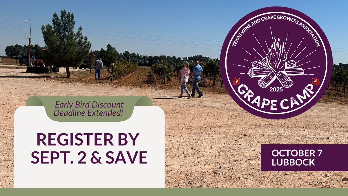 More time to save on Grape Camp registration! Join fellow growers and winemakers October 7 at Adelphos Cellars in Lubbock for expert panels, roundtable discussions, and a Lone Star wine tasting experience. Discounted registration ends September 2. buff.ly/sdxQXOL