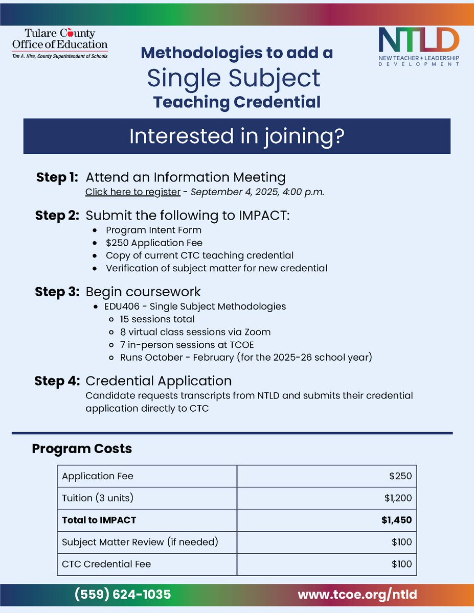 Teachers, our New Teacher &amp; Leadership Development program is offering a single subject add-on credential for your multiple or single subject credential. We will hold a virtual info session about the add-on credential option Sept. 4. Register at tulare.k12oms.org/259-269678.