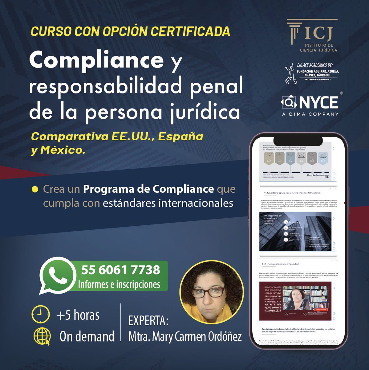 🔐 ¿Está tu empresa preparada para enfrentar riesgos legales?
El ICJ te invita al curso certificado “Compliance y Responsabilidad Penal de la Persona Jurídica”, con enfoque comparado EE.UU., España y México.
✅ Aprende a implementar programas de cumplimiento con estándares