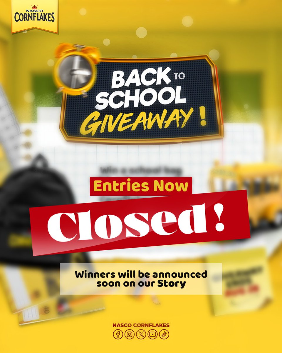 🎒Back-to-School Giveaway is CLOSED!💛
Thanks to everyone who entered, your love for NASCO (and learning) is inspiring.
5 lucky winners will soon get a special NASCO hamper 🎁📚 + school supplies + limited edition Cornflakes pack.
📢 Stay tuned!
#NASCOBackToSchool #GiveawayClosed