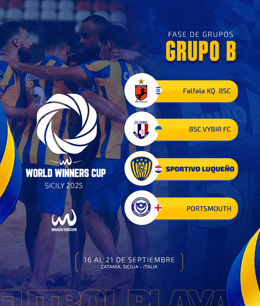 🏖⚽ ¡𝗛𝗶𝘀𝘁ó𝗿𝗶𝗰𝗼!

Sportivo Luqueño fútbol playa representará a Paraguay en el Mundial de Clubes, en Sicilia, Italia del 16 al 21 de septiembre. 🌍🇮🇹

Integra el Grupo B junto a:

🇮🇱 Falfala KQ BSC (Israel)

🇺🇦 BSC Vybir (Ucrania)

🏴󠁧󠁢󠁥󠁮󠁧󠁿 Portsmouth (Inglaterra)

#VamosLUQUEÑO