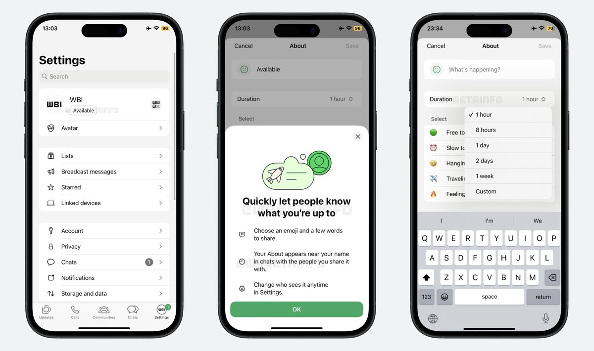 WABetaInfo's tweet photo. 📝 WhatsApp beta for iOS 25.23.10.78: what's new?

WhatsApp is rolling out a feature that lets users personalize their status with disappearing settings, and it's available to some beta testers!

https://t.co/ylDpHX2rlX https://t.co/lnSQZDCSI3