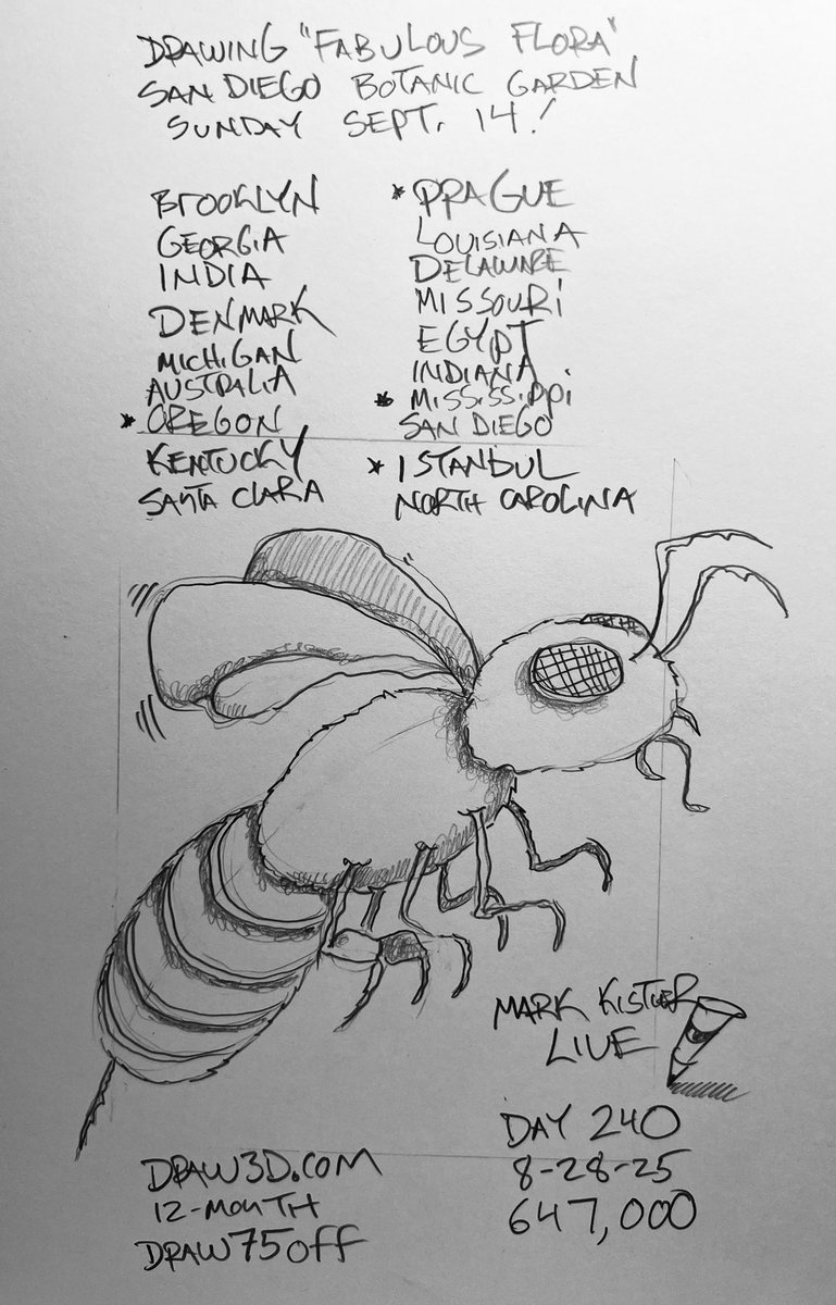 LIVE from San Diego day 240 Consecutive Drawing Days of our “Draw LIVE in 2025” Challenge! Let’s DRAW a “Buzzing Bee!”

Join other geniuses logging in from around the world.  Switzerland, Canada, Denmark, Egypt, India, France, Brazil, Mexico, New Zealand, Netherlands, England,
