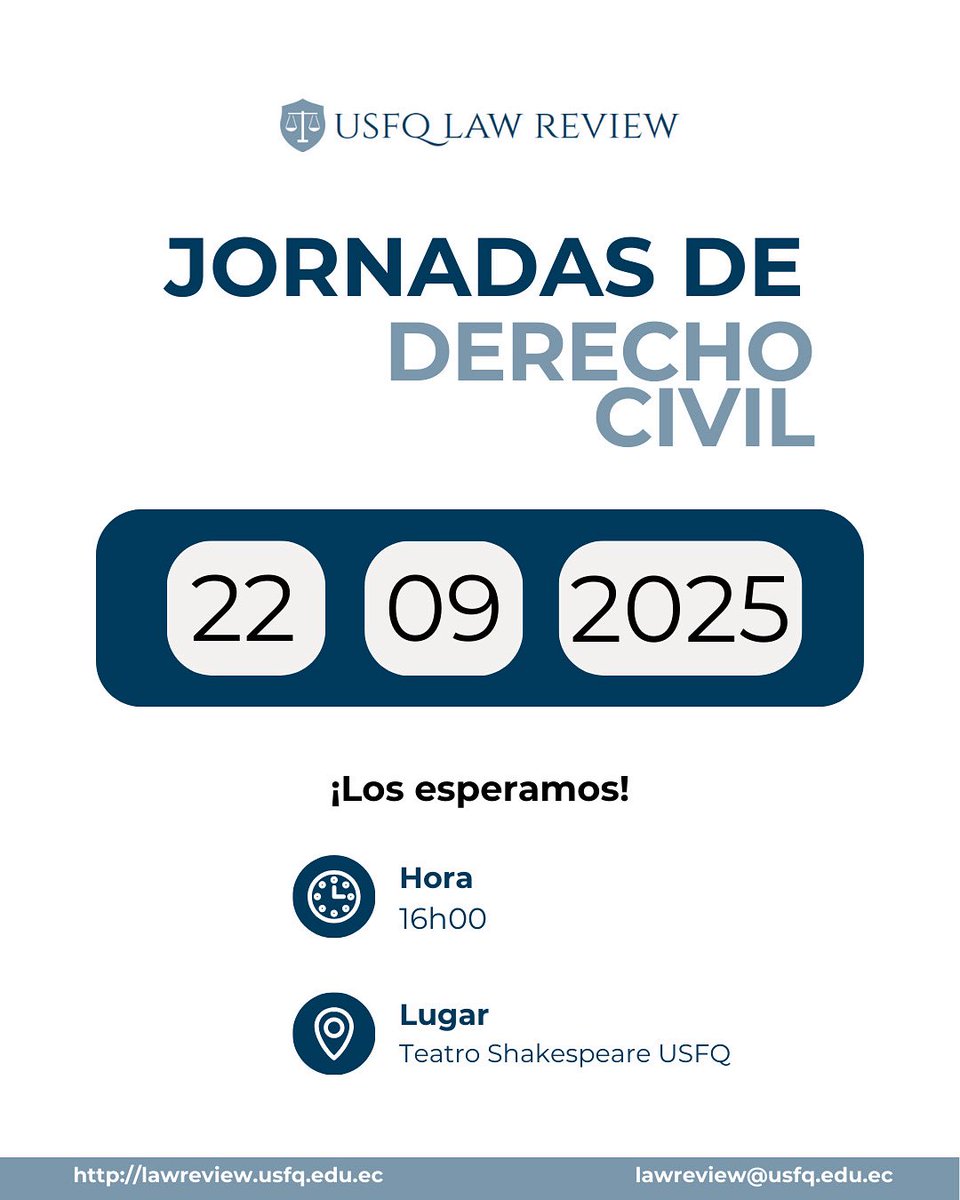 El Comité Editorial de USFQ Law Review tiene el agrado de anunciar las Jornadas de Derecho Civil en su I Edición. Será un espacio para reflexionar sobre temas actuales de Derecho Civil. 
📆 22 de septiembre de 2025.

🕢 16h00

📍Teatro Shakespeare

¡Los esperamos!