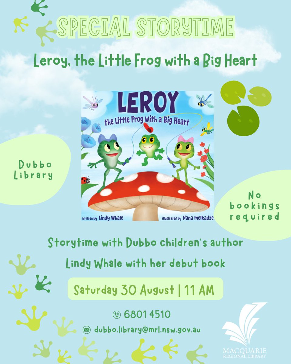 MacquarieRegLib's tweet image. Reminder | Saturday Storytime
Join Dubbo Library for a special storytime with local children&apos;s author Lindy Whale featuring her debut book Leroy, the Little Frog with a Big Heart. 
Dubbo Library
Saturday at 11 am
No bookings required