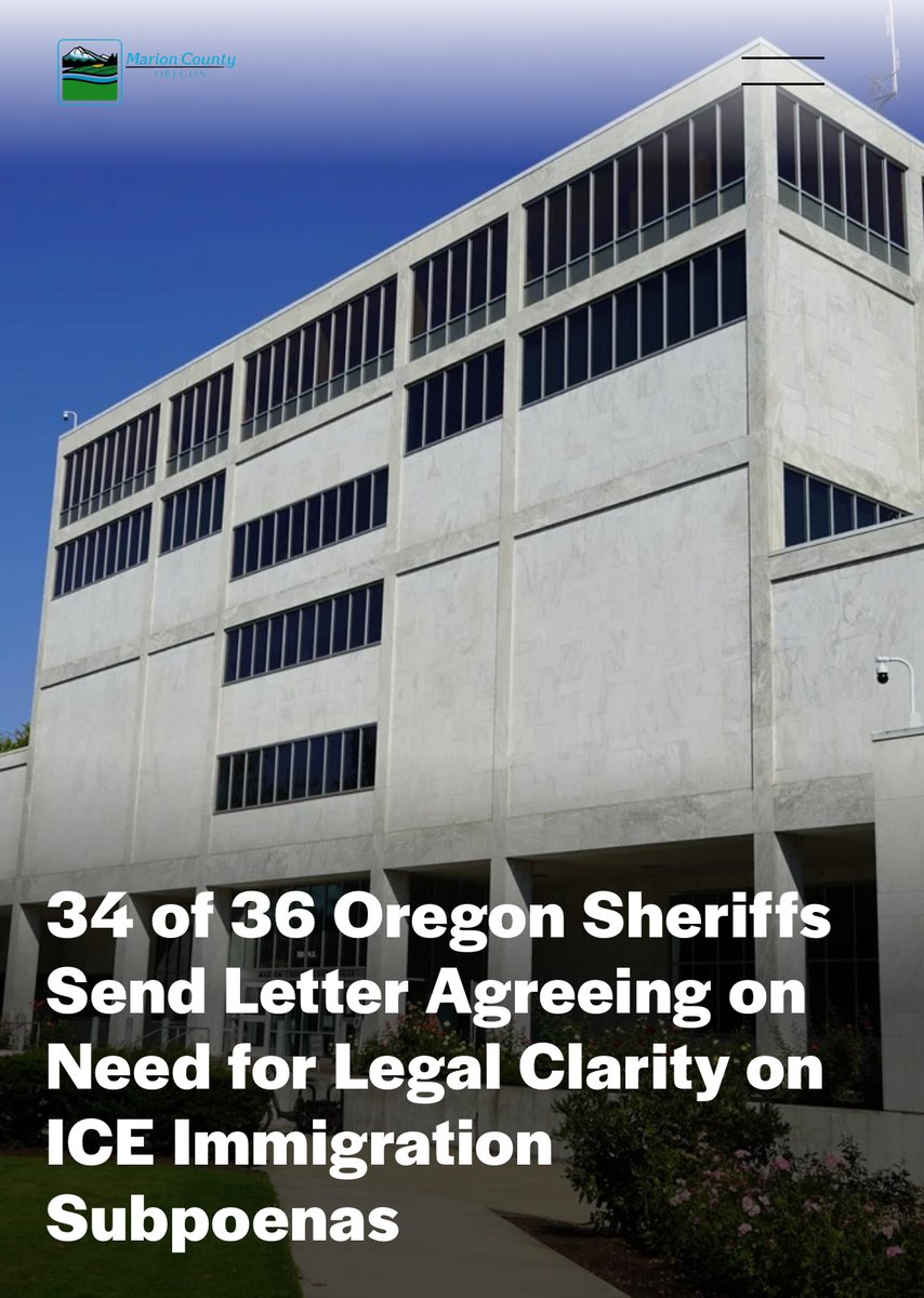 Oregon’s Sheriffs “agree that there is a good deal of legal uncertainty” that needs to be resolved by a court decision on ICE subpoenas.

Read more: marioncountynews.org/news/34-of-36-… #orpol
