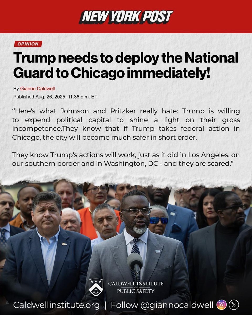 CaldwellInstitute (@caldwellsafety) on Twitter photo Chicago’s streets are ravaged by crime under Johnson and Pritzker’s failed leadership. Trump’s National Guard will restore order swiftly, as proven in DC and LA. They fear his success because it exposes their incompetence.
📷Read <a href="/GiannoCaldwell/">Gianno Caldwell</a> latest op-ed here: Chicago’s streets are ravaged by crime under Johnson and Pritzker’s failed leadership. Trump’s National Guard will restore order swiftly, as proven in DC and LA. They fear his success because it exposes their incompetence.
📷Read <a href="/GiannoCaldwell/">Gianno Caldwell</a> latest op-ed here: