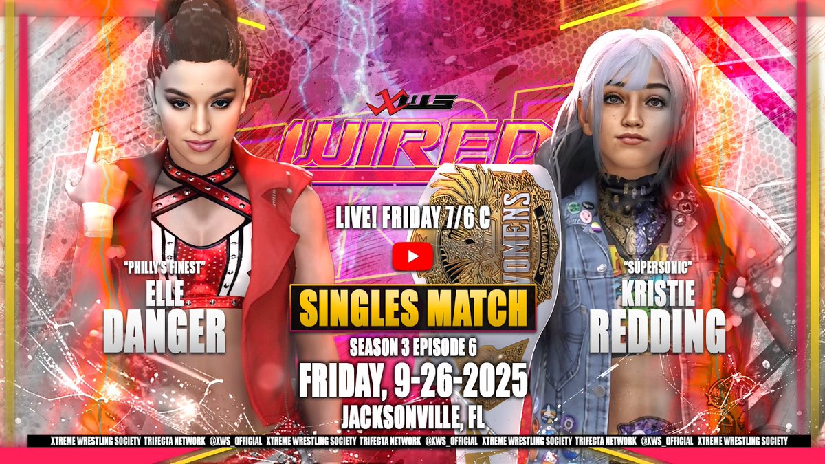 Xtreme Wrestling Society (@xws_official) on Twitter photo SEPT. 26th, 2025 l Jacksonville, FL
#XWSWIRED Season 3 Episode 6
<a href="/YouTube/">YouTube</a> , 7pm ET/6pm CT
——————————————————
🔸It’ll be a big-match feel when <a href="/TheElleDanger/">Elle Danger</a> meets the XWS Women’s World Champion <a href="/KristieSonicFan/">Kristie Redding</a> for the 1st time Ever in a Non-Title matchup! With Elle looking to SEPT. 26th, 2025 l Jacksonville, FL
#XWSWIRED Season 3 Episode 6
<a href="/YouTube/">YouTube</a> , 7pm ET/6pm CT
——————————————————
🔸It’ll be a big-match feel when <a href="/TheElleDanger/">Elle Danger</a> meets the XWS Women’s World Champion <a href="/KristieSonicFan/">Kristie Redding</a> for the 1st time Ever in a Non-Title matchup! With Elle looking to