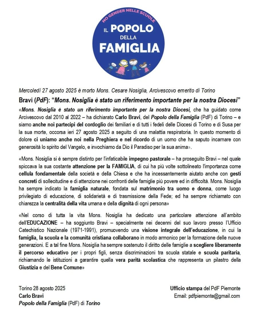 @Carlo_BRAVI:
“Anche i sostenitori del #PopolodellaFamiglia di #Torino e del #Piemonte si uniscono alla Preghiera ed al ricordo per l'Arcivescovo emerito Mons. Cesare #NOSIGLIA, scomparso Il #27agosto:
un Pastore che ha saputo incarnare con generosità lo Spirito del #Vangelo".