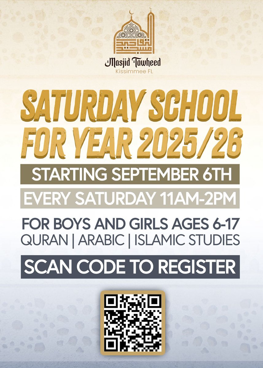 MasjidTawheedFL's tweet photo. ⏰ REMINDER – ONE WEEK LEFT!

🗓 Orientation &amp; Level Assessment:
📍 Saturday, August 30 – 11:00 AM

⚠️ Registration will close soon – all students must be registered before orientation.

🔗 Register here before it closes:
https://t.co/SbbREzVcnz https://t.co/6OpE5REkaF