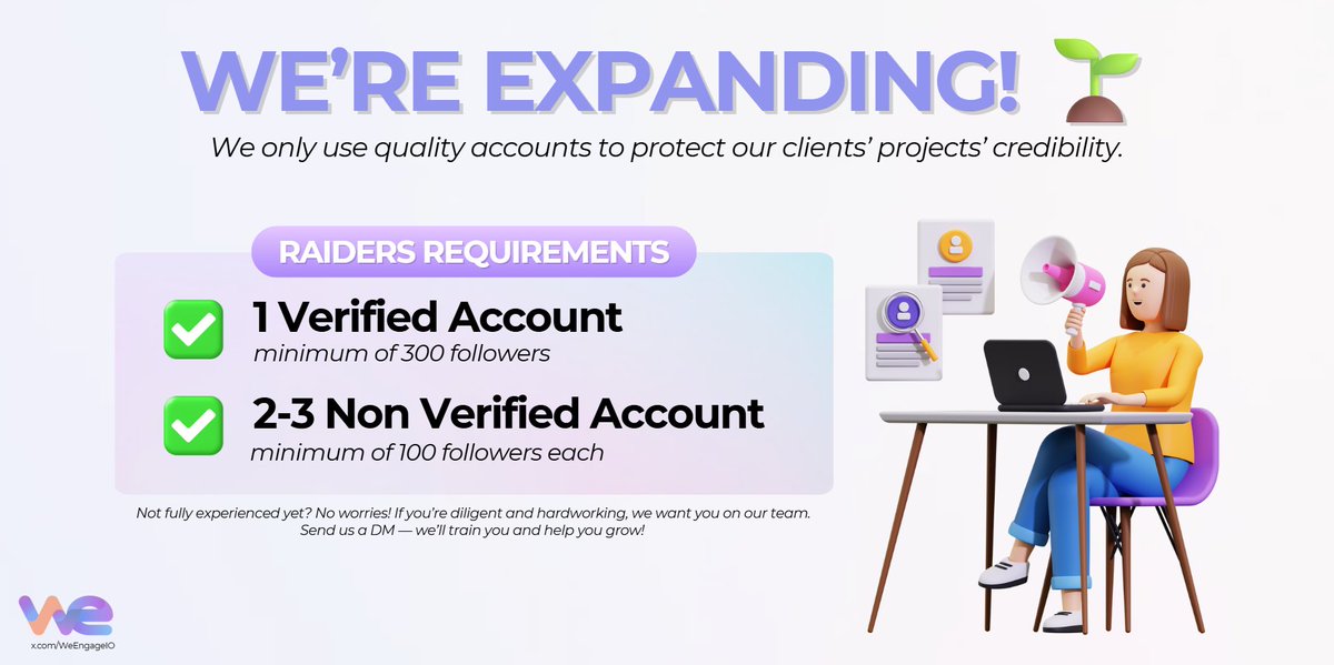WeEngageIO's tweet photo. Want to be part of the We Engage team?
✅ 1 Verified acct: min 300+ followers
✅ 2 Alt accts: min 100+ followers
✅ Training + mentorship included

Don’t meet the requirements yet? 
😉 No worries, you can still join &amp; train with us

👉 DM https://t.co/CrZhLdLidQ to get started! https://t.co/9fiuerbwLD
