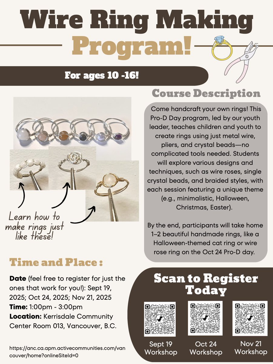 Wondering what to do during fall school Pro-D Days? We've got you covered! Check out these crafty workshops:

 ✂️WIRE JEWELRY RING MAKING ✂️
• Sept. 19, Oct. 24, Nov. 21: anc.ca.apm.activecommunities.com/vancouver/acti…

✂️ BAMBOO ARTS &amp; CRAFTS ✂️
• Oct. 24: anc.ca.apm.activecommunities.com/vancouver/acti…
