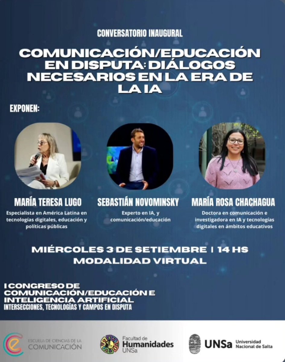 centroECT's tweet photo. 🌐 #IA en el centro del debate.
El 3 y 4 de septiembre llega el I Congreso de Comunicación/Educación e IA en la UNSa.

En el conversatorio central contará con @MTerelugo en el panel: “Comunicación/Educación en Disputa: Diálogos necesarios en la era de la IA”.

@congreso.ia.2025 https://t.co/BOLze1qXih