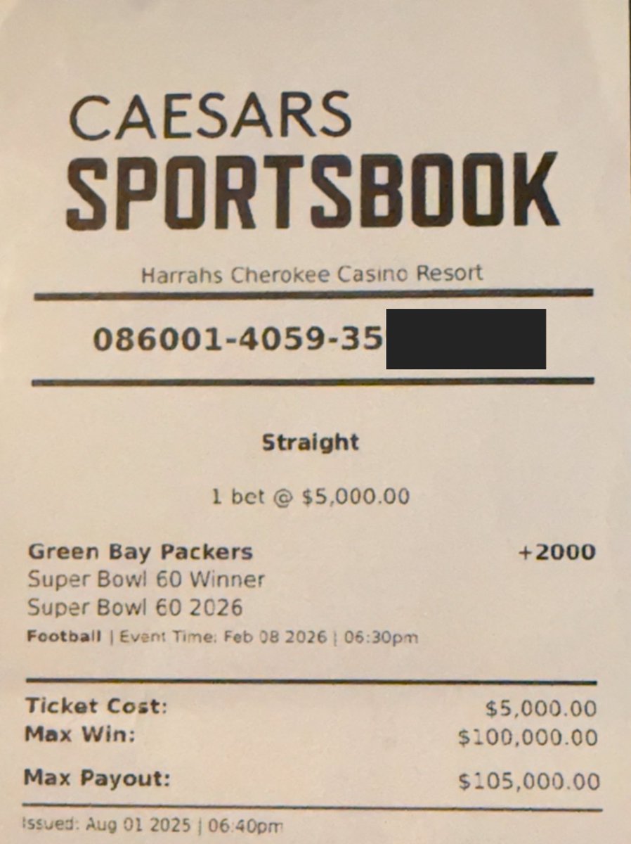 SA247LLC's tweet photo. Good day to be holding this ticket! 

If Packers Win The 2026 Super Bowl we’ll be giving away $10,000 to our followers 🧀 

To win just like tweet &amp; follow @SA247LLC https://t.co/A9w625OClP