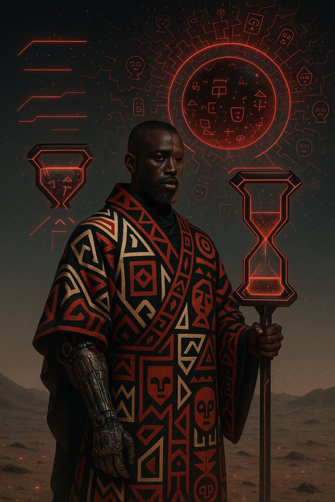SubAiArt's tweet image. The Oracle of Dust does not measure time in seconds… he measures it in awakenings.
His robe speaks in glyphs. His staff counts destinies. And behind his eyes, the future waits in silence.
#Afrofuturism #DigitalMystic #SymbolicPower #TimeWeaver #AIArtLegend #FuturistShaman…
