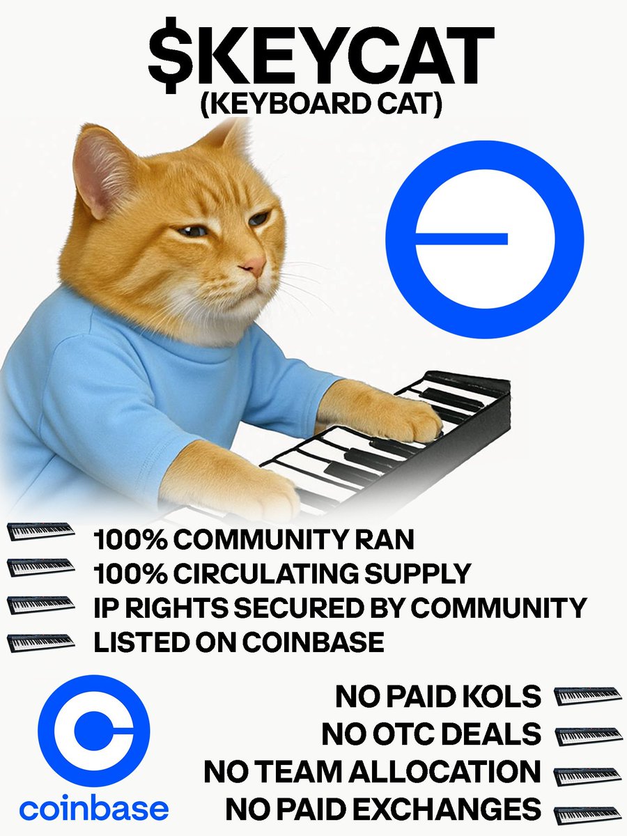 $KEYCAT is 100% community ran, and we've had an uphill battle getting listed on CEX's. We are on <a href="/coinbase/">Coinbase 🛡️</a> but NOT on

<a href="/binance/">Binance</a> 
<a href="/okx/">OKX</a> 
<a href="/cryptocom/">Crypto.com</a> 
<a href="/Bybit_Official/">Bybit</a> 

As we continue to pump, exchanges will eventually have to market-buy, only compounding upward momentum

HIGHER