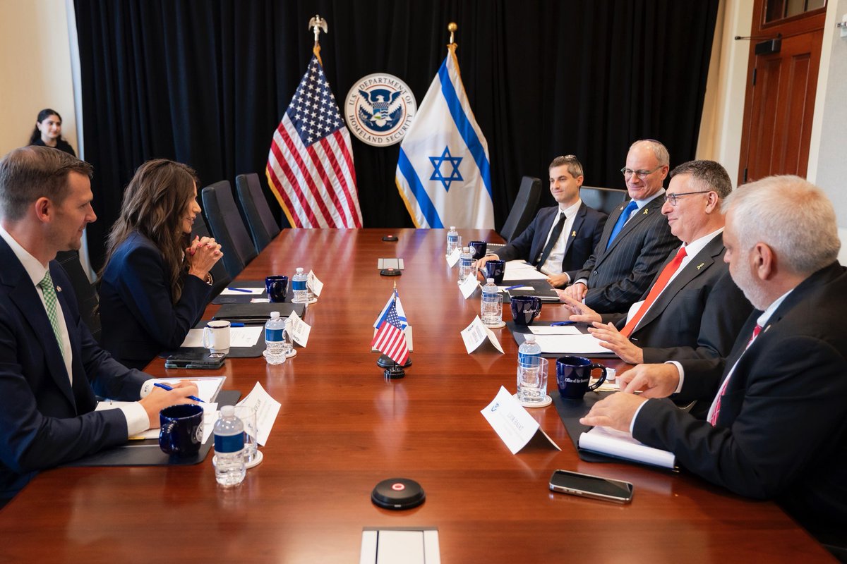 I was pleased to welcome Israeli Minister of Foreign Affairs, Gideon Sa’ar to <a href="/DHSgov/">Homeland Security</a> headquarters today. We reaffirmed our commitment to a strong partnership with Israel on immigration, border security, and combatting antisemitism. 

Thank you, <a href="/gidonsaar/">Gideon Sa'ar | גדעון סער</a>.