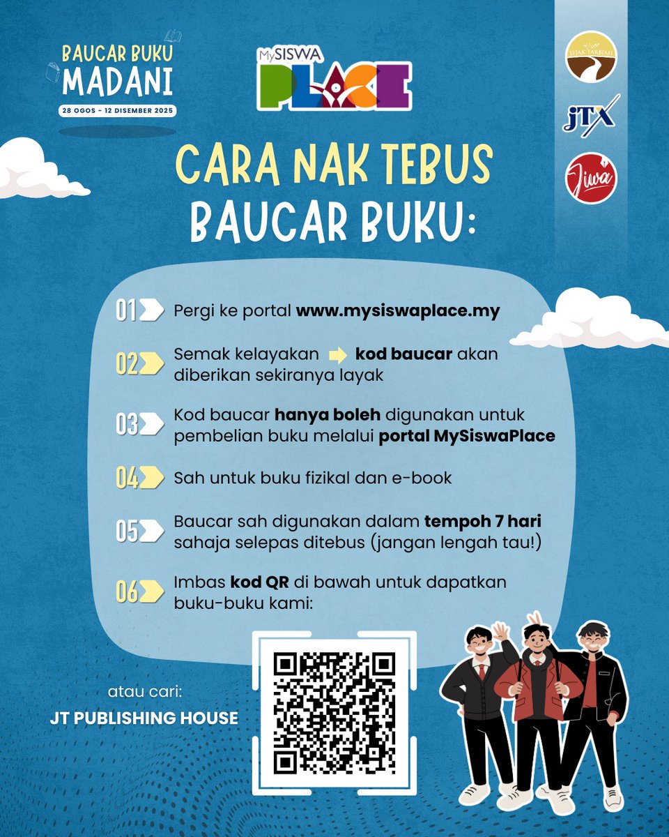 Cara tebus baucar buku di MySiswa Place! Scan je qr tu ya untuk lihat buku-buku yang ada di kedai JT Publishing 😊👇