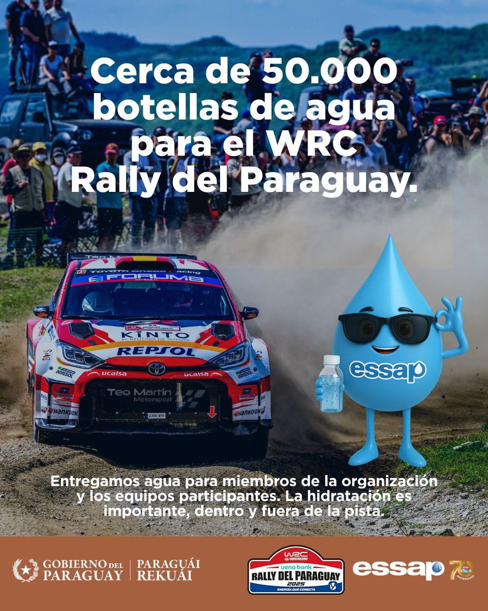 ℹ️NFO. <a href="/EssapSA/">Essap S.A.</a> garantizó agua potable y apoyo logístico en Encarnación para el WRC Paraguay 2025, con obras de infraestructura, reparaciones de caños y entrega de 50.000 botellas de agua, reafirmando su compromiso con grandes eventos deportivos y el fortalecimiento del servicio.