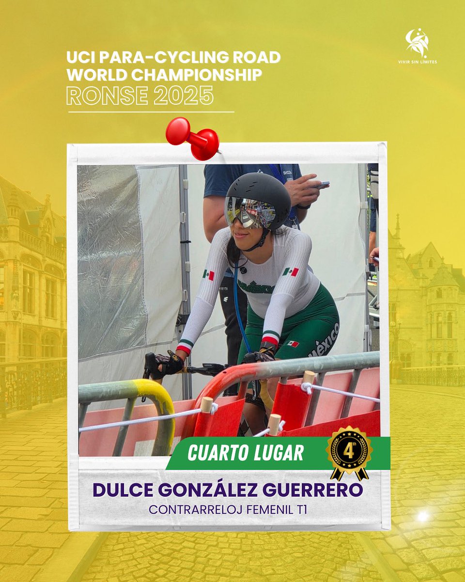 4° lugar para Dulce González Guerrero 🇲🇽 en la contrarreloj T1 femenil del Mundial de Para Ciclismo Ronse 2025 🚴‍♀️⏱ 25:51.47.

Un resultado que refleja su constancia y entrega. 🔝

¡Orgullo mexicano! 🙌🇲🇽

#ParaCiclismo #DeporteParalímpico