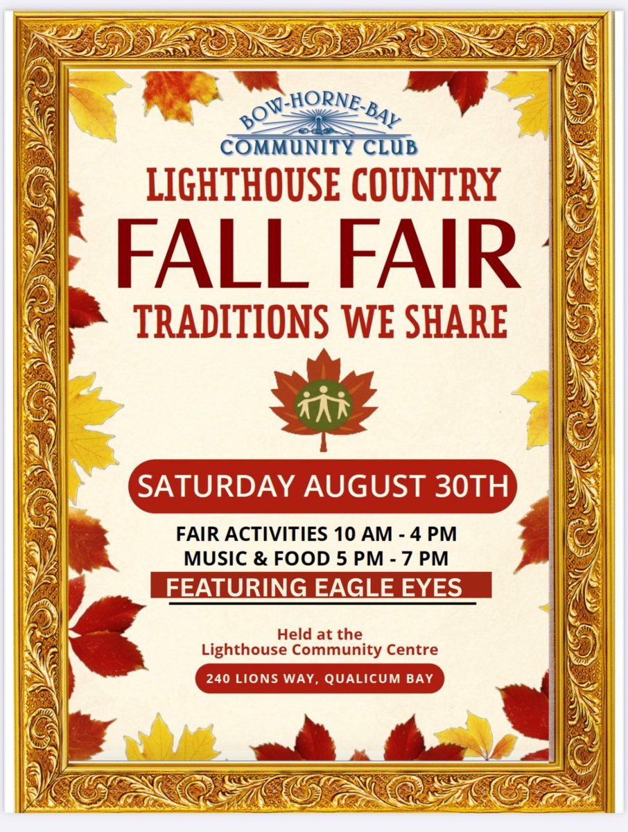 ResonatedRock's tweet image. Join me Saturday Aug 31 at LIGHTHOUSE COUNTRY FALL FAIR from 10am-4pm! Swipe photo to see the line up of stage entertainment! Lighthouse Community Centre — 240 Lions Way, Qualicum Bay
- 15 minutes north of Qualicum Beach town centre @bowhornebayclub #qualicumbay