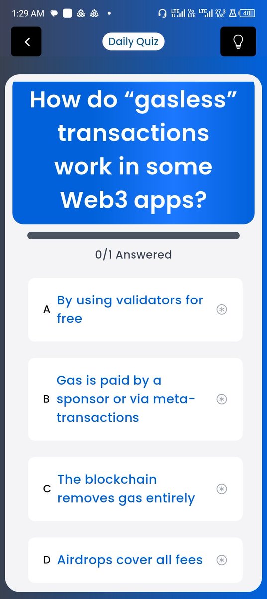 Okoemyl's tweet image. Date : 29 August 2025

How do &quot;gasless&quot; transactions work in some Web3 apps?
Answer: (B) Gas is paid by a sponsor or via meta-transactions
 $SYNTAX

🛅 Vault Pattern : 5-8-3-7

#syntax #syntaxverse #SyntaxVault