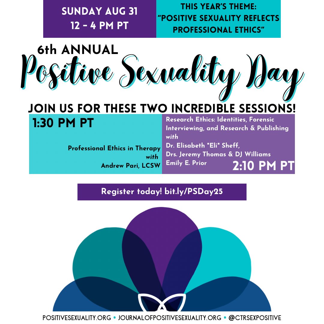 Join us this Sunday 8/31 for two great sessions as part of our 6th annual #PositiveSexualityDay!
1:30PM PT Professional Ethics in Therapy
2:10PM PT Research Ethics: Identities, Forensic Interviewing, and Research &amp; Publishing 

bit.ly/PSDay25