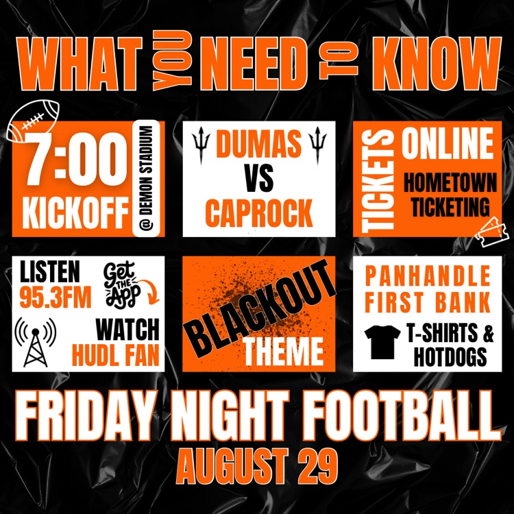 The first battle of the season is here — Dumas vs. Caprock! 🏈⚡️
Pack the stands, bring the noise, and let’s kick off the season the right way!