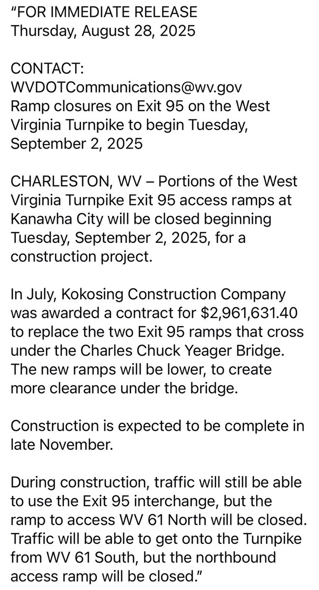 Tresa Howell For WV (@tresahowell4wv) on Twitter photo Information from the WVDOT regarding Ramp closures on Exit 95 on the West Virginia Turnpike to begin Tuesday, September 2, 2025 Information from the WVDOT regarding Ramp closures on Exit 95 on the West Virginia Turnpike to begin Tuesday, September 2, 2025