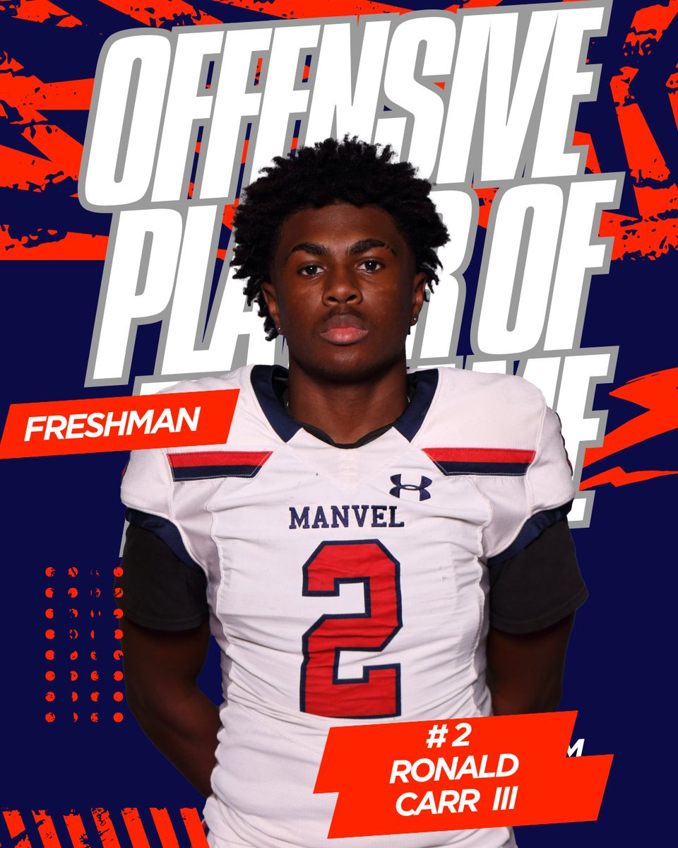 Congratulations to our Week 1 Freshman Offensive Player of the Game!  #2 @RonCarrIII2029  
<a href="/CoachKirkMartin/">Kirk Martin</a>
<a href="/HokaHeyBooster/">Manvel Ath Booster Club 🏈🏐🏀⚾️🥎⚽️⛳🏊‍♂️🏋️🏃‍🏃</a>
<a href="/ManvelHS/">Manvel High School</a>
<a href="/HokaHeyAP/">HokaHeyAthleticPerformamce</a>
#BeDifferent #RecruitManvel #Family