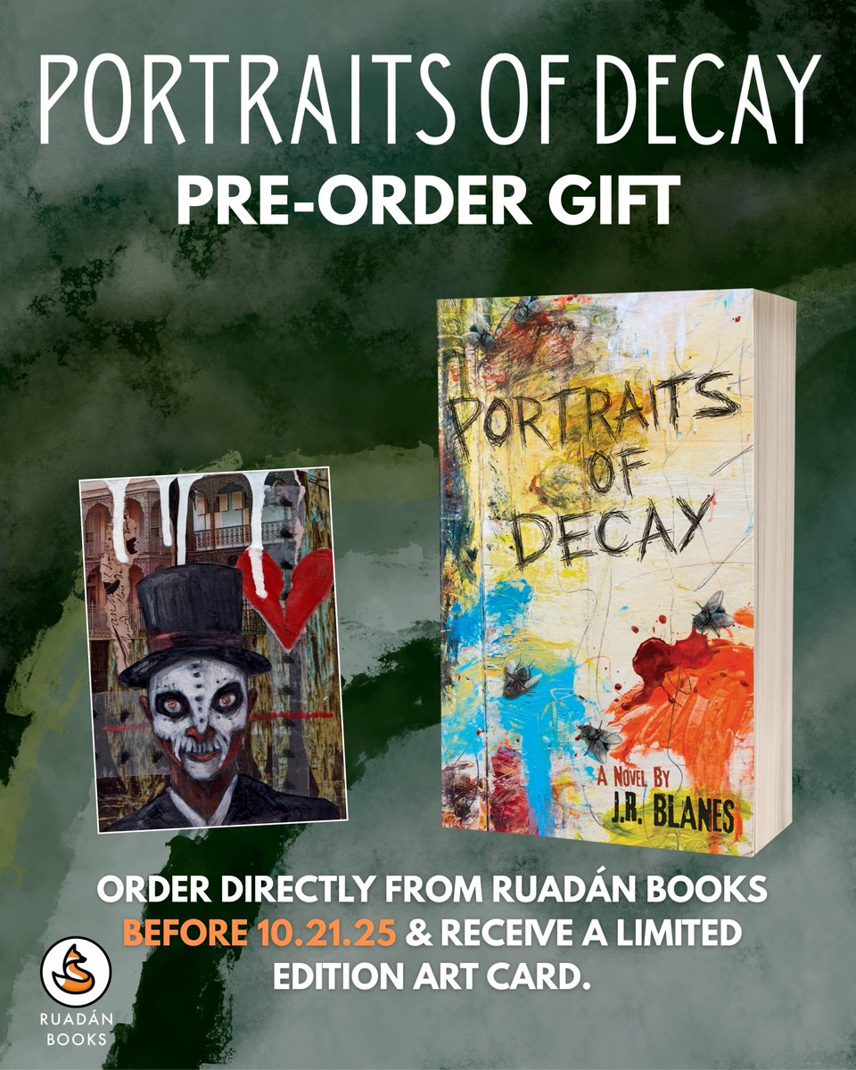 RuadanBooks's tweet photo. Pre-order J.R. Blanes' debut horror novel Portraits of Decay by 10.21.25 and score a limited edition art card!

https://t.co/P2Ld3RWOmU

Additional details: Limited to the first 250 pre-orders of the paperback directly from Ruadàn Books. Limited edition art card measures 2.5” x 3.5”. Art created by Anna Koon in the style of Jefferson Fontenot, the main character of Portraits of Decay.

#books #horror #BookRecommendations #NewOrleans