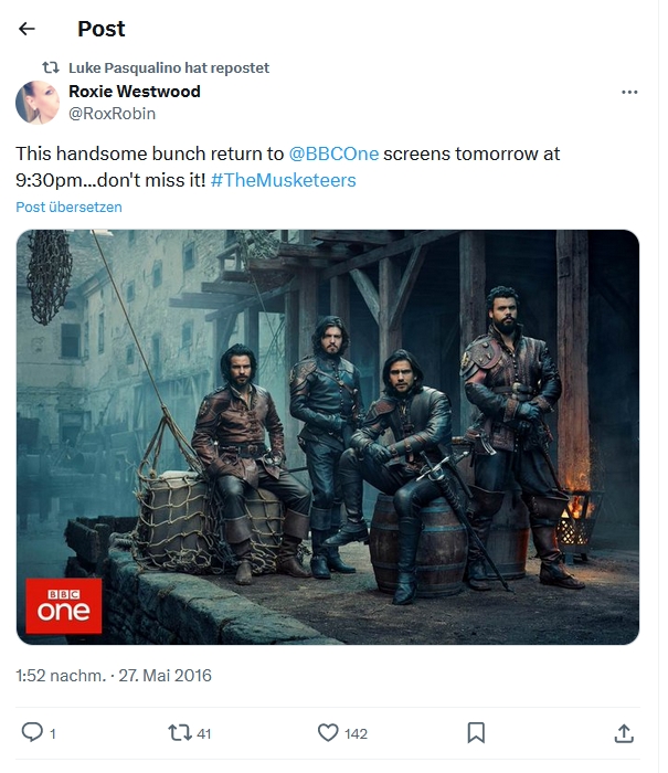 #MusketeersEurope Flashback to times #LukePasqualino reposted all the stuff about #TheMusketeers 😍❤️⚜️ This was May 27th 2016 when the #BBC aired first ep of S3 (long after half the world had already seen the show) #TomBurke #SantiagoCabrera #HowardCharles #MissingTheMusketeers