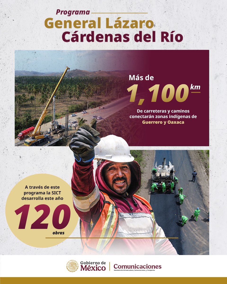 La #SICT, trabaja en más de 120 proyectos de infraestructura que conectarán las zonas indígenas de Guerrero y Oaxaca; las obras incluyen las carreteras Salina Cruz-Zihuatanejo, Cuautla-Tlapa, Caminos Artesanales, ocho puentes y un entronque. 🌄✨