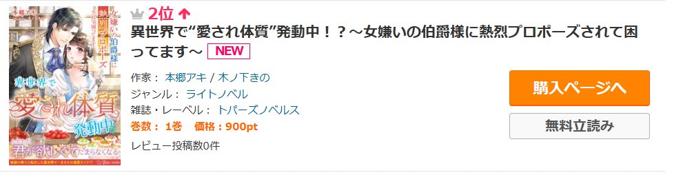 👑コミックシーモアデイリー２位👑

異世界で“愛され体質”発動中！？
～女嫌いの伯爵様に熱烈プロポーズされて困ってます～
＃本郷アキ

ラノベの恋愛・ロマンスカテゴリーで現在２位です✨
ファンタジー濃厚ラブシーンが最後にギュッと詰まった一作💕
妖艶な挿絵も必見です👀
cmoa.jp/title/11014611…